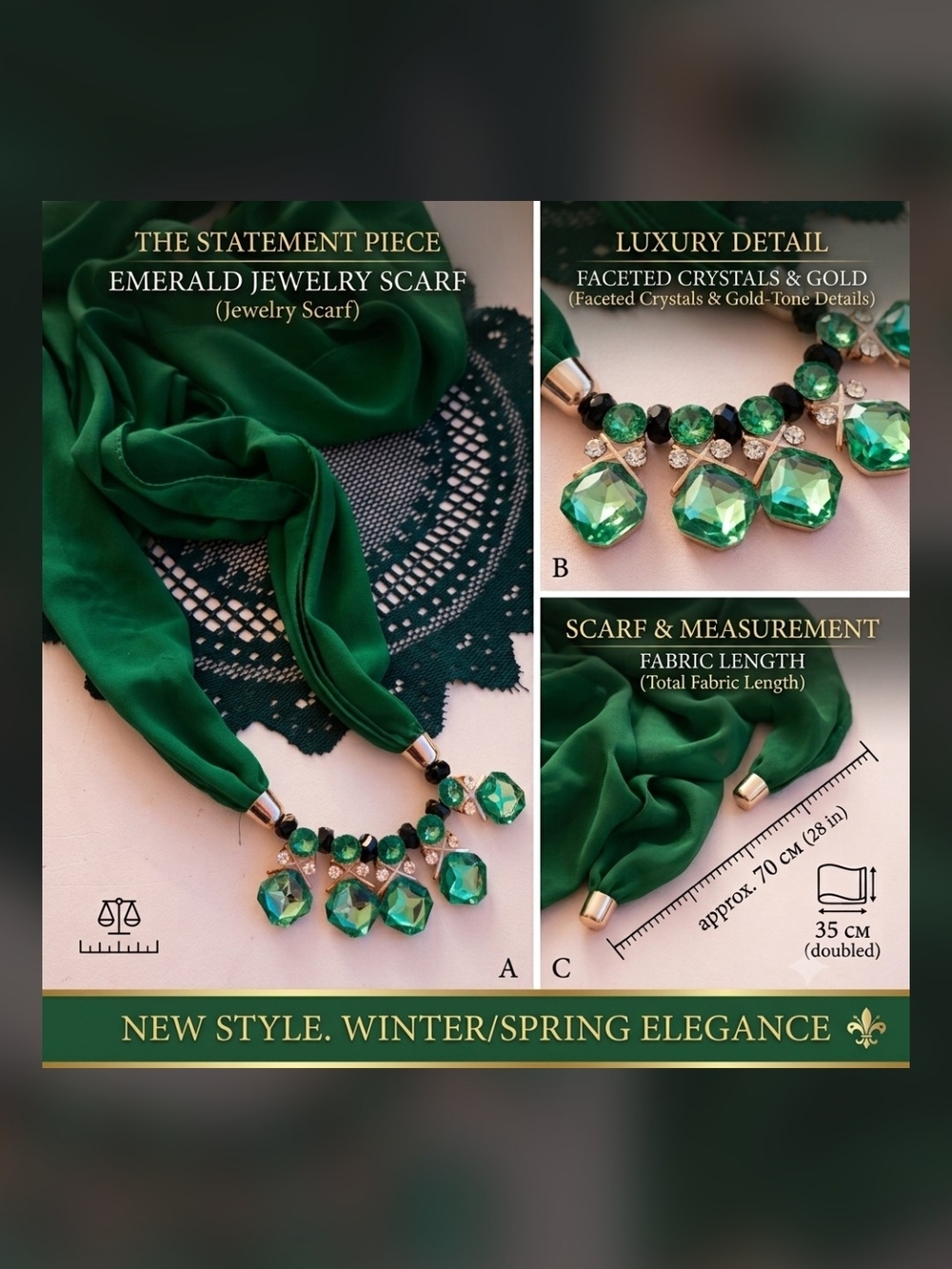 Emerald Green Chiffon Jewelry Scarf Necklace with Crystal Pendant